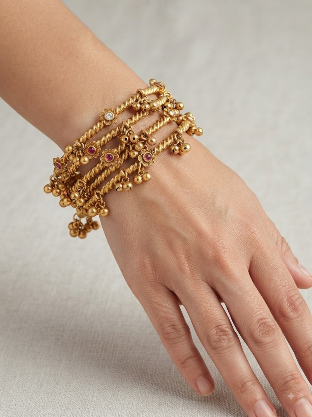 Gold Multi-Strand Beaded Bracelet with Ruby Accents